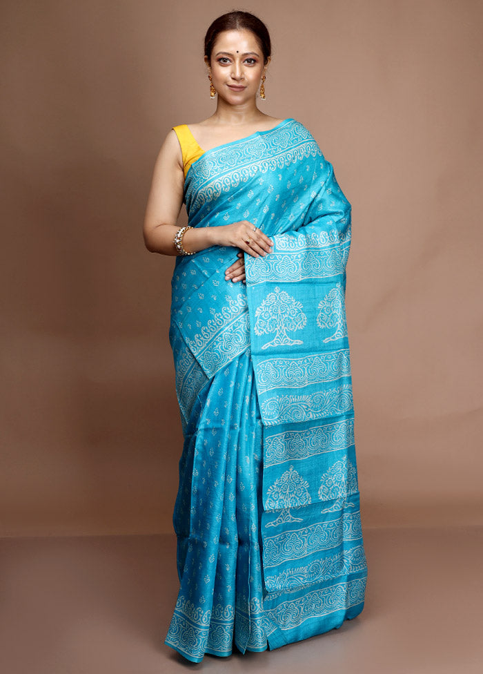 Blue Tussar Silk Saree With Blouse Piece - Indian Silk House Agencies