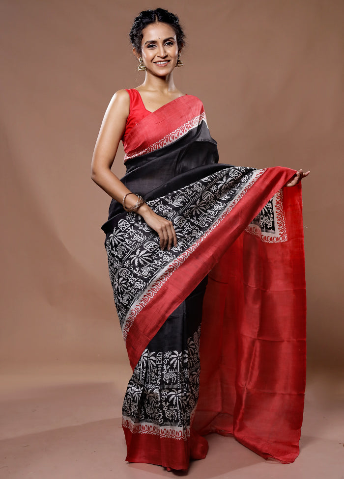 Black Printed Pure Silk Saree With Blouse Piece