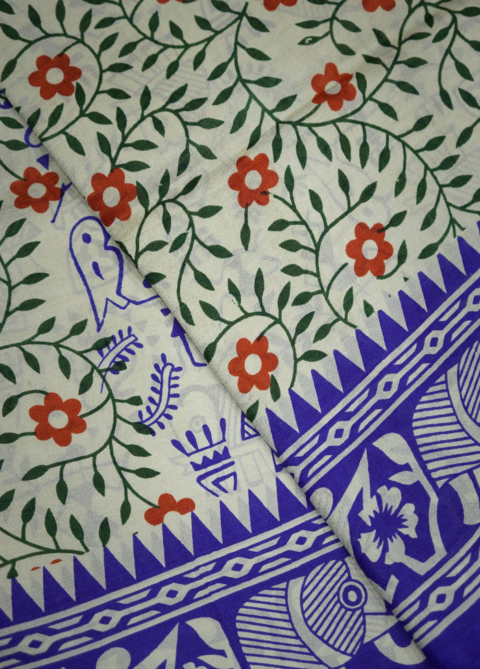 Cream Printed Pure Silk Saree With Blouse Piece