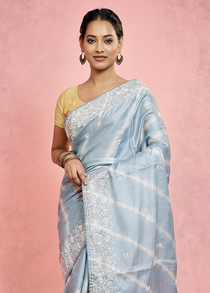 Grey Embroidered Pure Tussar Silk Saree With Blouse Piece - Indian Silk House Agencies