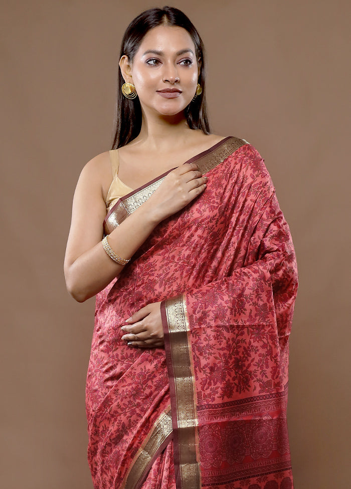 Pink Printed Pure Silk Saree With Blouse Piece
