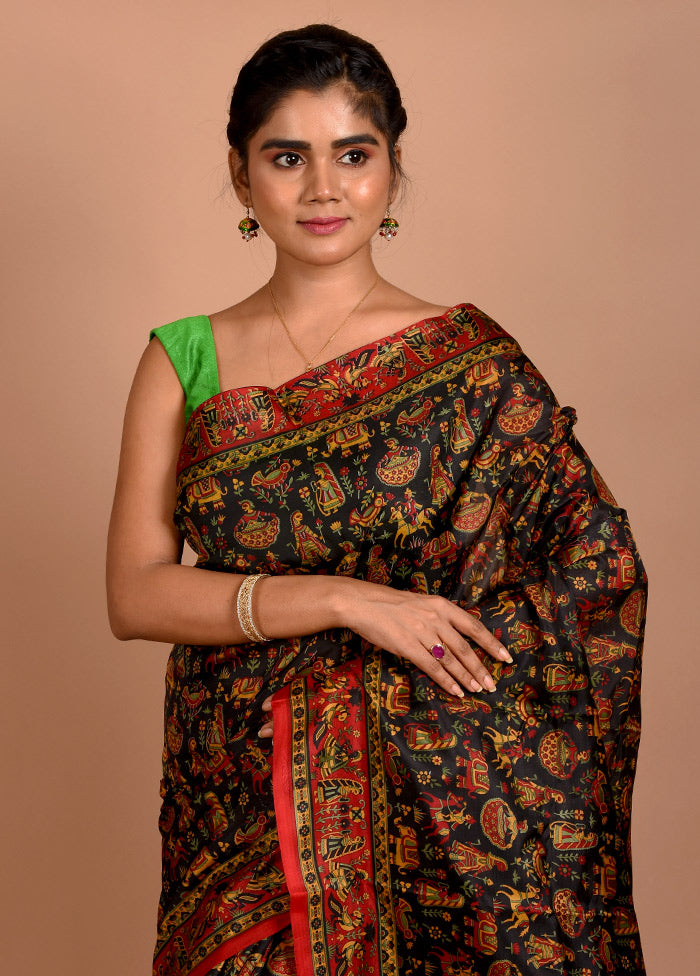 Black Printed Pure Silk Saree With Blouse Piece - Indian Silk House Agencies
