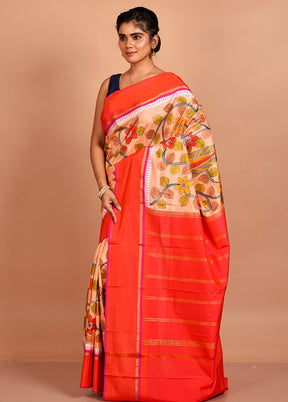 Peach Printed Pure Silk Saree With Blouse Piece - Indian Silk House Agencies