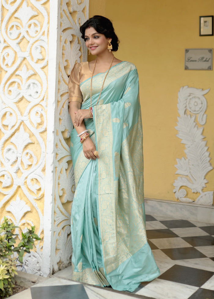 Blue Pure Katan Handloom Silk Saree With Blouse Piece - Indian Silk House Agencies