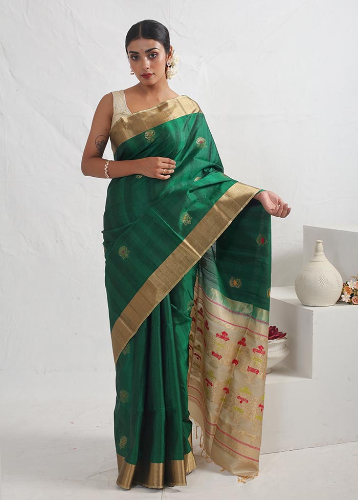 Green Raw Pure Silk Saree With Blouse Piece - Indian Silk House Agencies