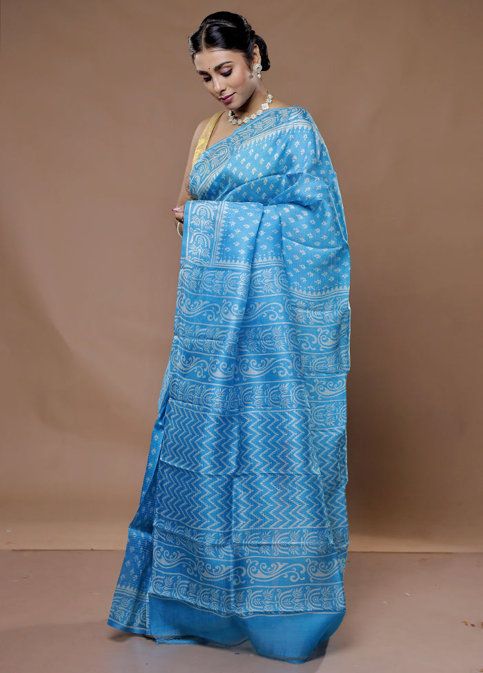 Blue Printed Pure Silk Saree With Blouse Piece