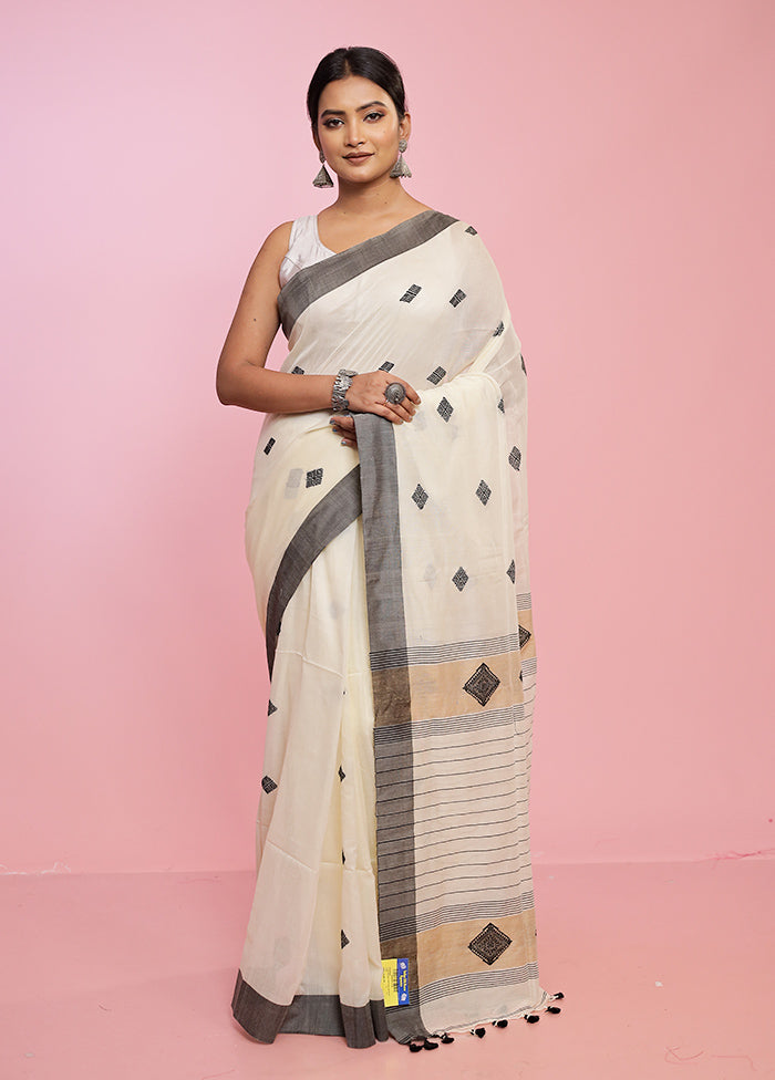 Cream Pure Khadi Cotton Saree Without Blouse Piece - Indian Silk House Agencies