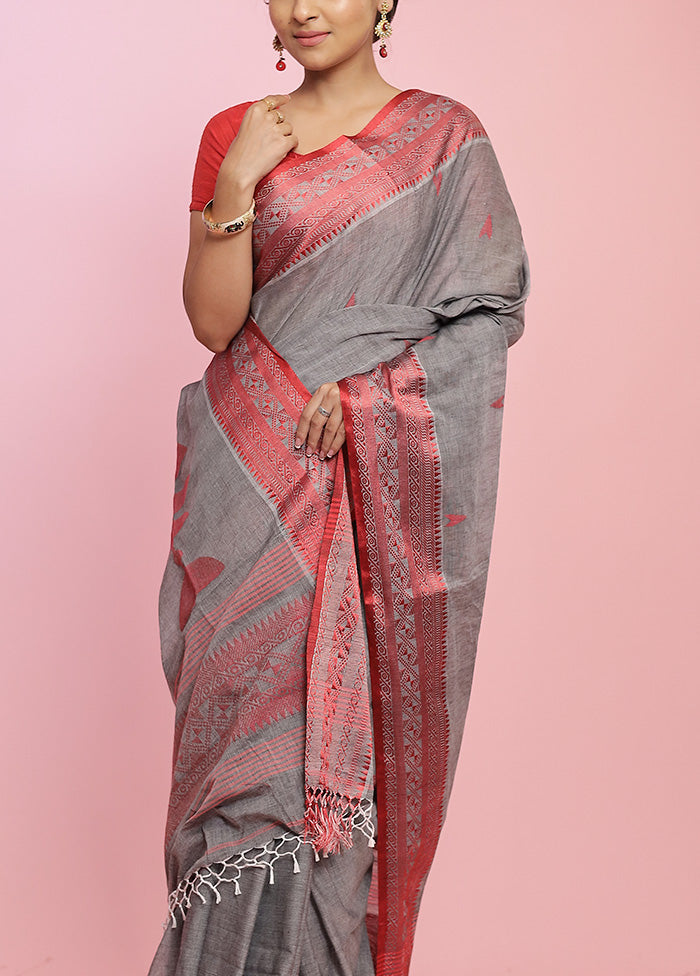 Grey Pure Khadi Cotton Saree Without Blouse Piece - Indian Silk House Agencies