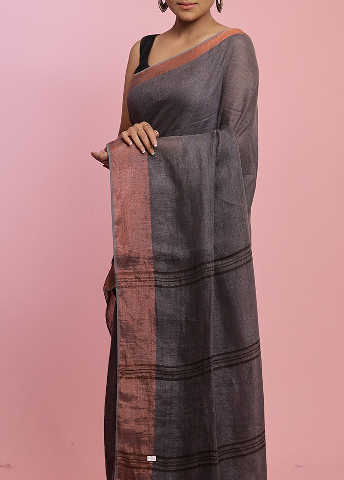 Grey Solid Linen Silk Saree With Blouse Piece - Indian Silk House Agencies