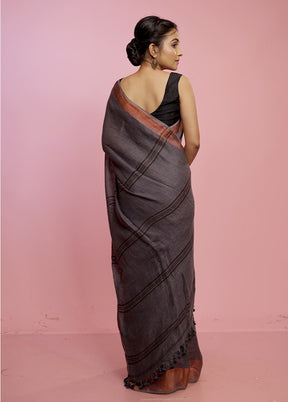 Grey Solid Linen Silk Saree With Blouse Piece - Indian Silk House Agencies