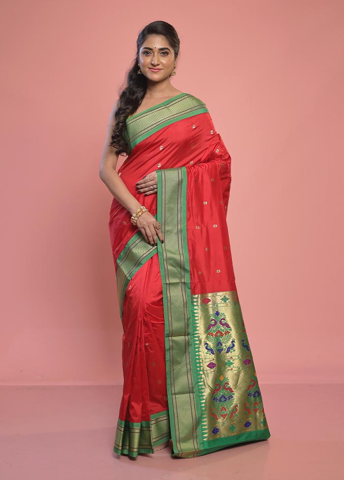Red Paithani Pure Silk Saree With Blouse Piece - Indian Silk House Agencies