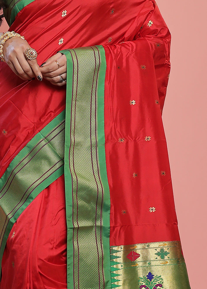 Red Paithani Pure Silk Saree With Blouse Piece - Indian Silk House Agencies