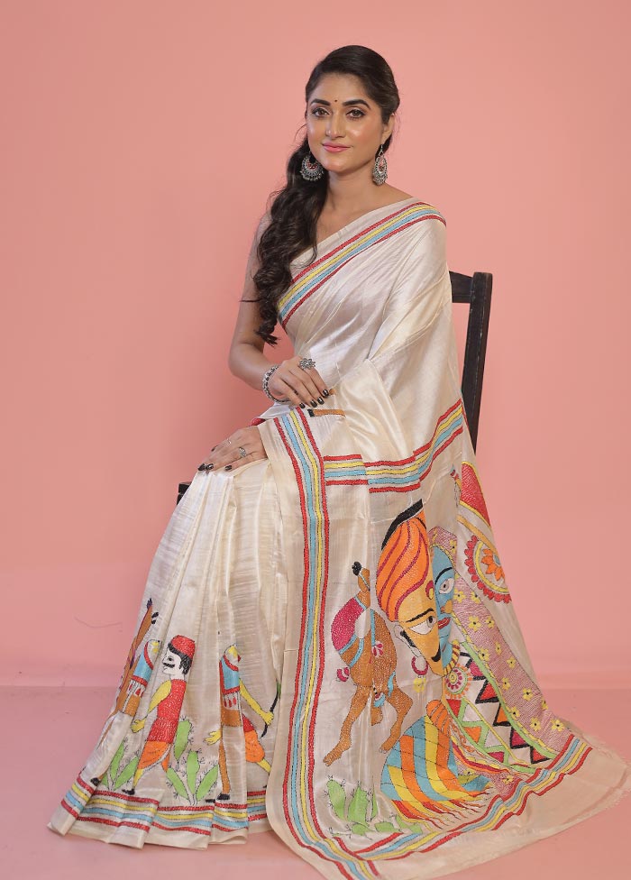 White Kantha Stitch Pure Silk Saree With Blouse Piece - Indian Silk House Agencies