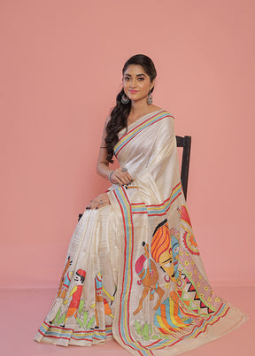 White Kantha Stitch Pure Silk Saree With Blouse Piece - Indian Silk House Agencies