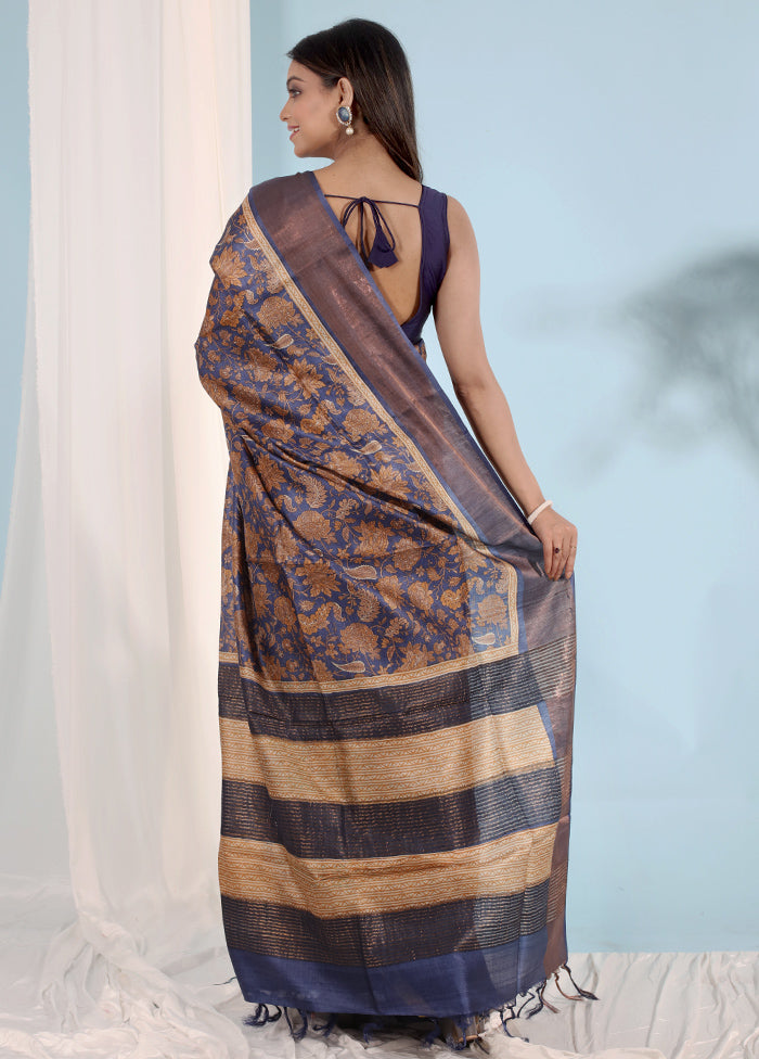 Blue Tussar Silk Saree With Blouse Piece