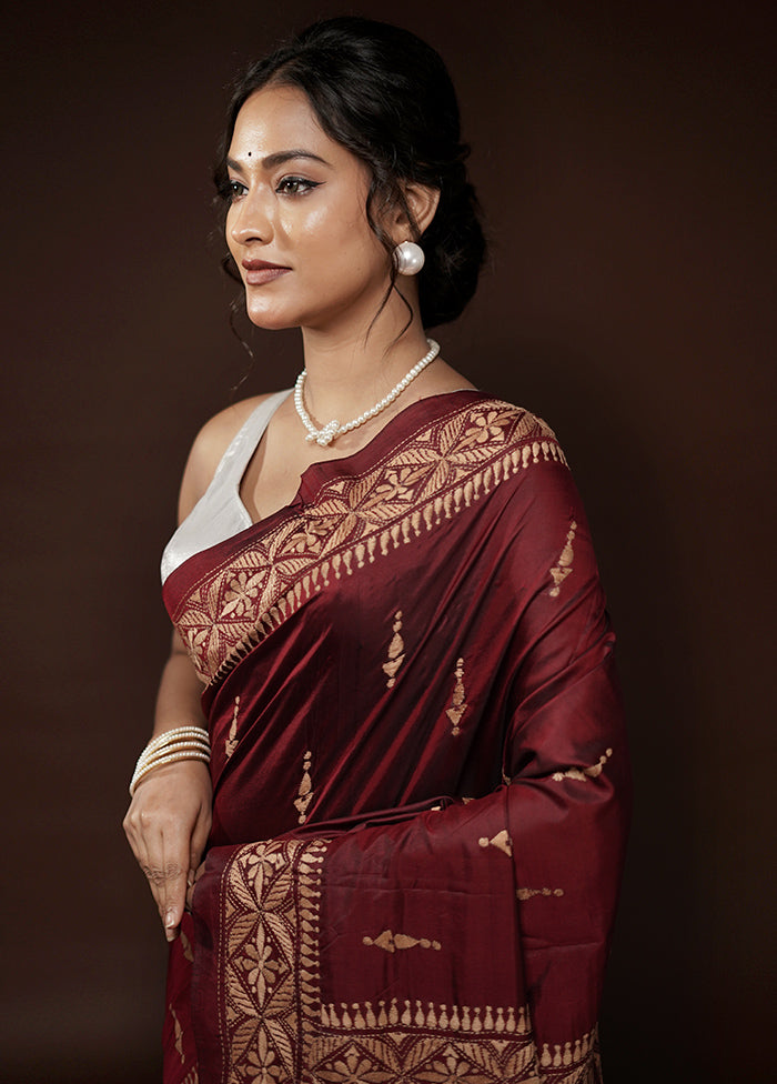 Maroon Kantha Stitch Pure Silk Saree With Blouse Piece