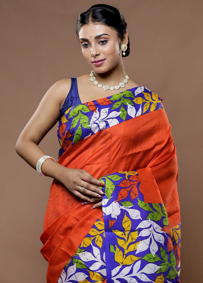 Orange Printed Pure Silk Saree With Blouse Piece