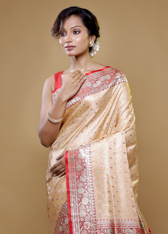 Indian Wedding Cream Banarasi Handloom Silk Saree For Stitched Blouse US store | Golden Zari Floral Design Saree With Rich Pallu And Jacquard Work