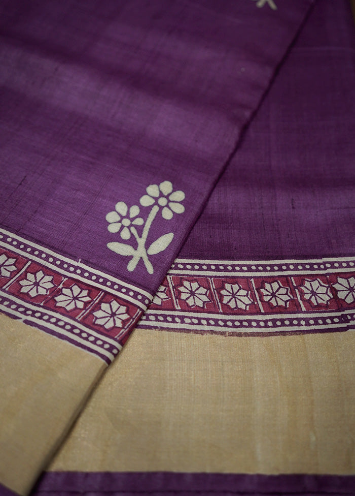 Purple Tussar Pure Silk Saree With Blouse Piece