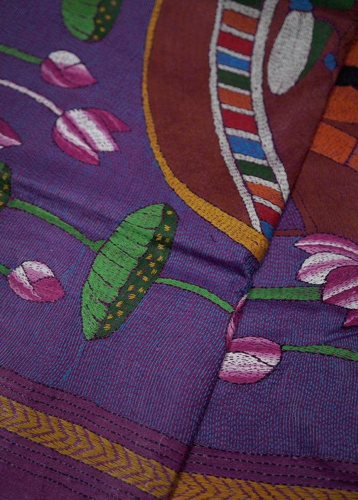 Pink Kantha Stitch Pure Silk Saree With Blouse Piece