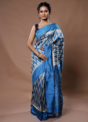 Blue Ikkat Pure Silk Saree With Blouse Piece