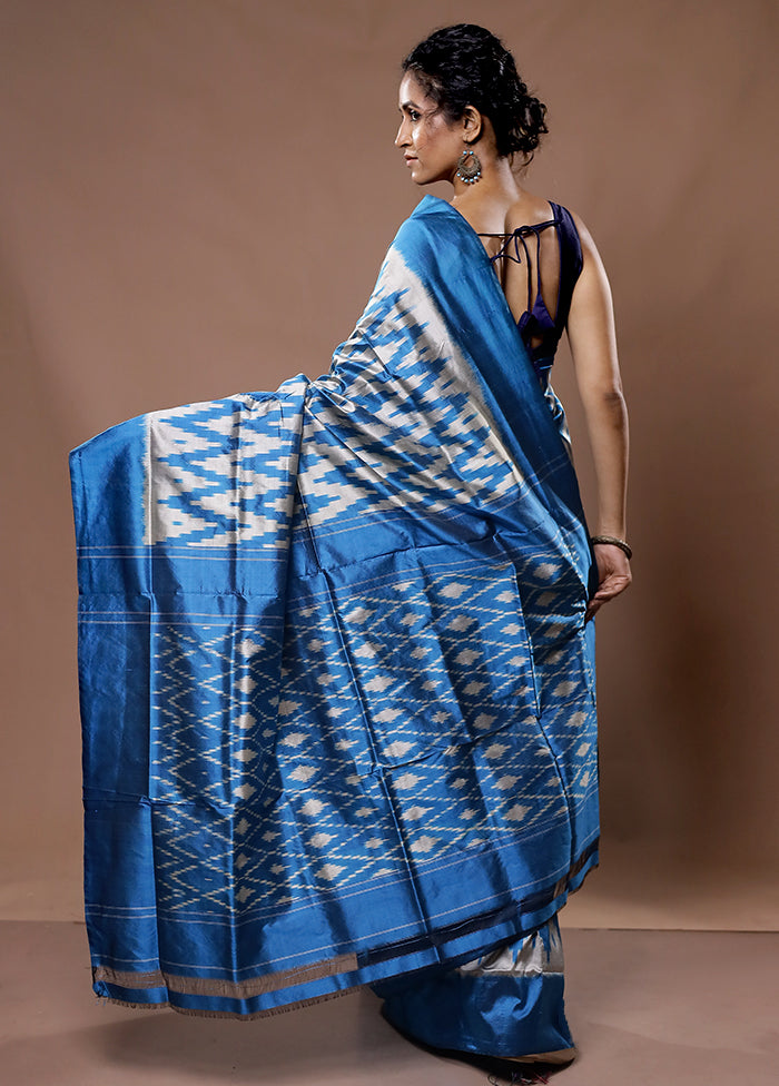 Blue Ikkat Pure Silk Saree With Blouse Piece