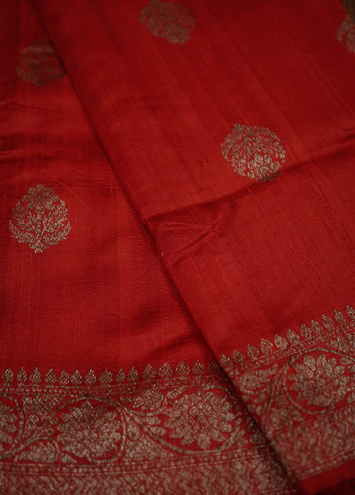 Red Tussar Pure Silk Saree With Blouse Piece