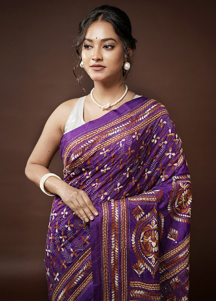 Purple Kantha Stitch Silk Saree With Blouse Piece