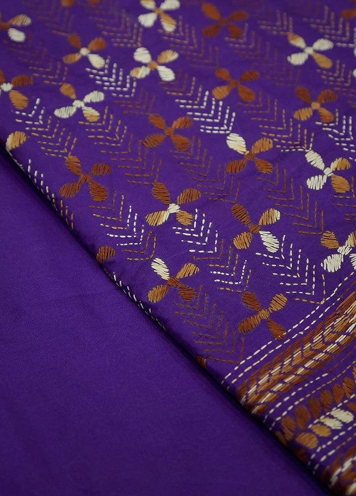 Purple Kantha Stitch Silk Saree With Blouse Piece