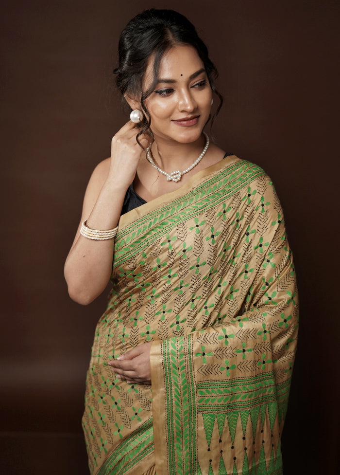Cream Kantha Stitch Silk Saree With Blouse Piece