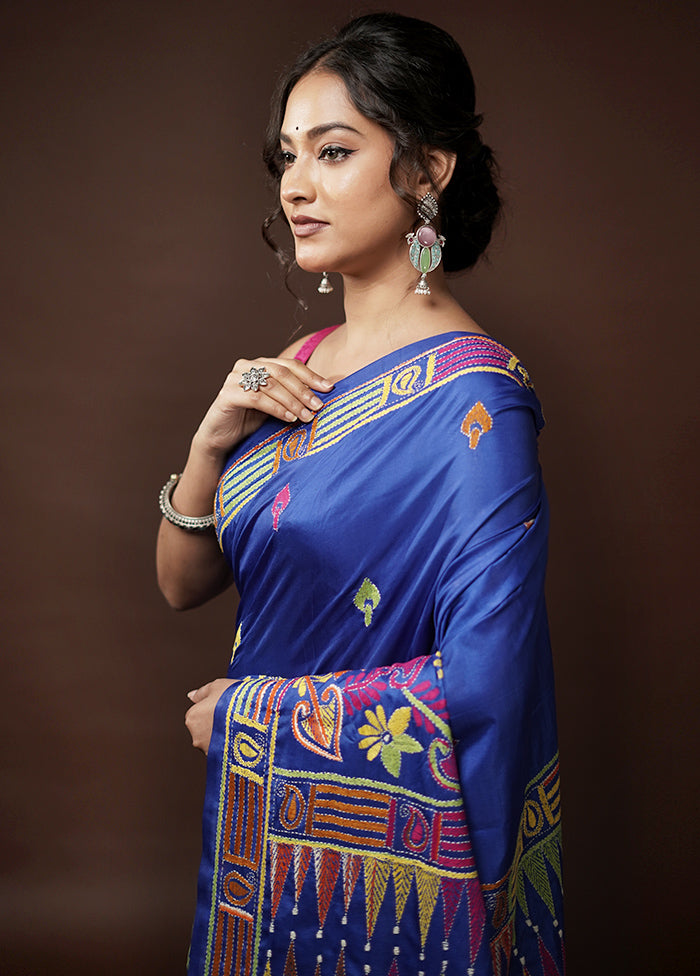 Blue Kantha Stitch Silk Saree With Blouse Piece