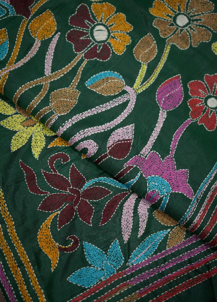 Green Kantha Stitch Silk Saree With Blouse Piece