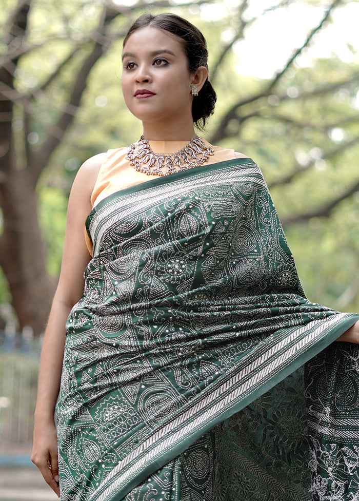 Green Kantha Stitch Silk Saree With Blouse Piece