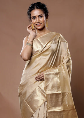 Cream Kanjivaram Pure Silk Saree With Blouse Piece