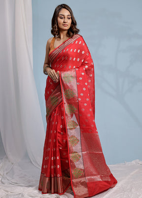 Red Dupion Silk Saree With Blouse Piece