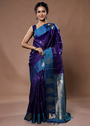 Blue Kanjivaram Pure Silk Saree With Blouse Piece