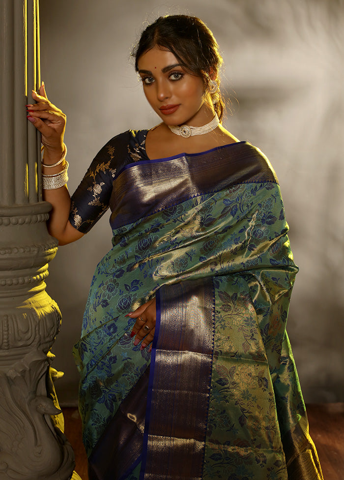 Blue Pure Dharmavaram Kanchipuram Silk Saree With Blouse Piece