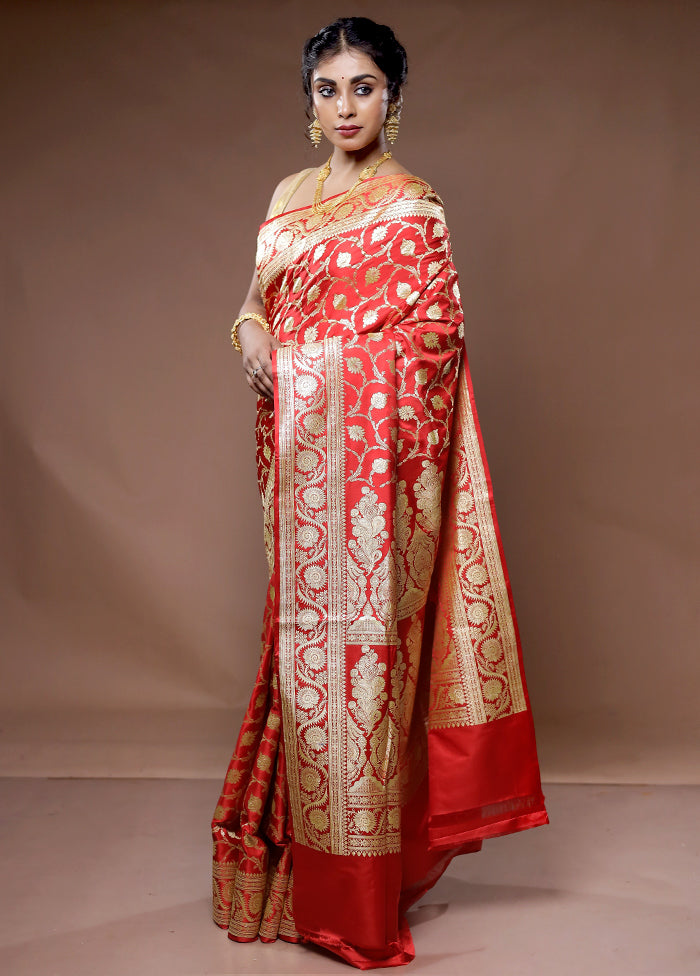 Red Banarasi Pure Silk Saree With Blouse Piece