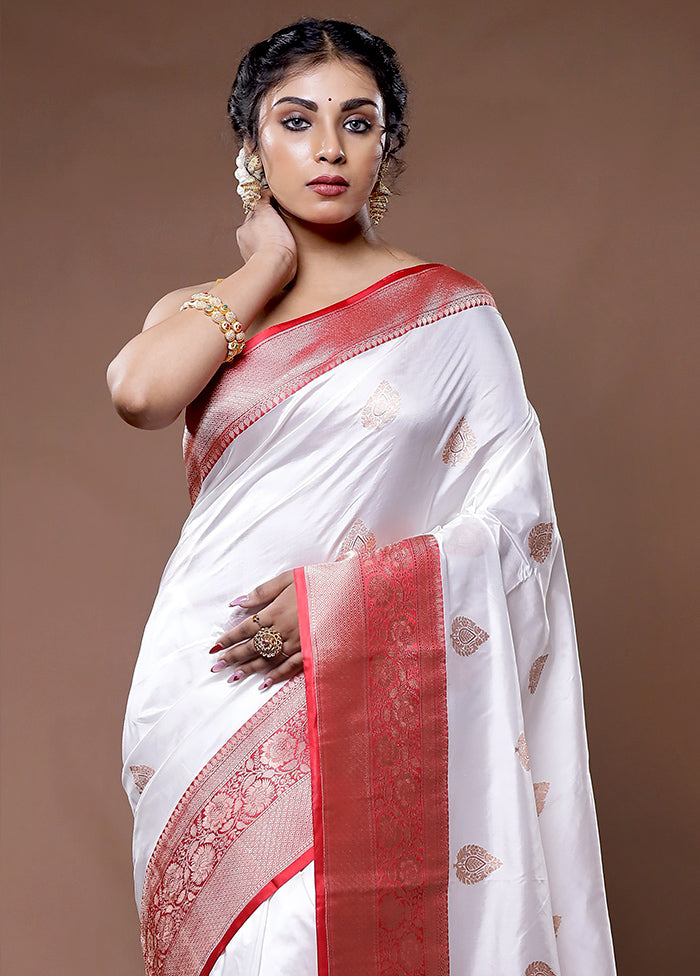 White Katan Pure Silk Saree With Blouse Piece