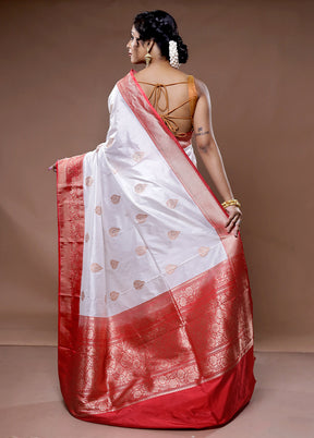 White Katan Pure Silk Saree With Blouse Piece
