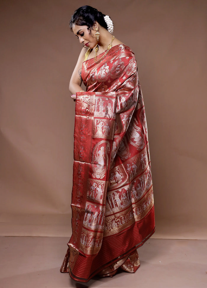 Maroon Baluchari Pure Silk Saree With Blouse Piece