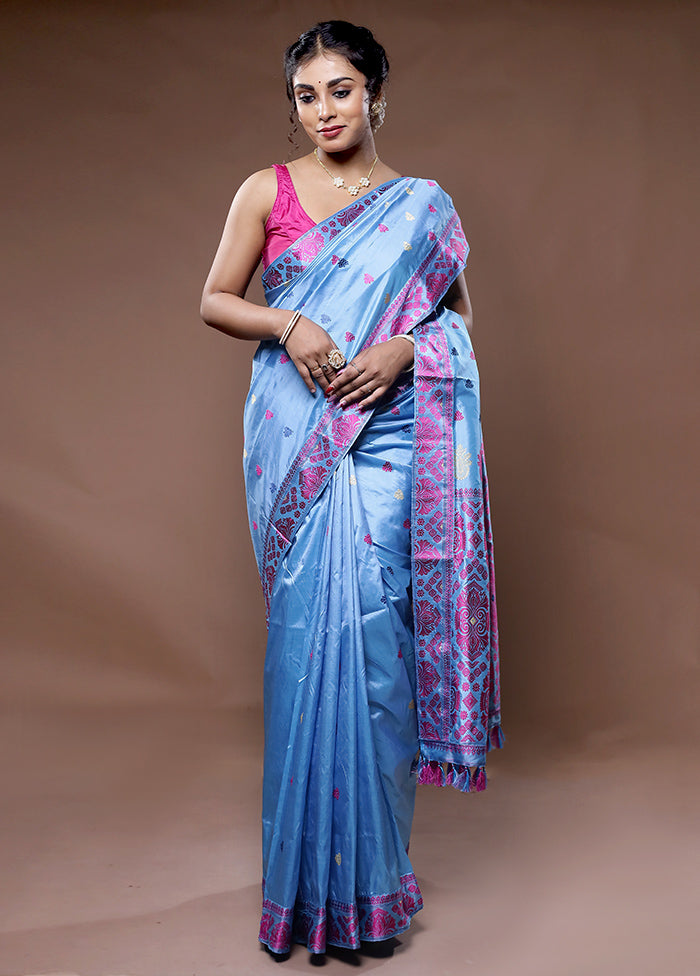 Blue Assam Pure Silk Saree With Blouse Piece