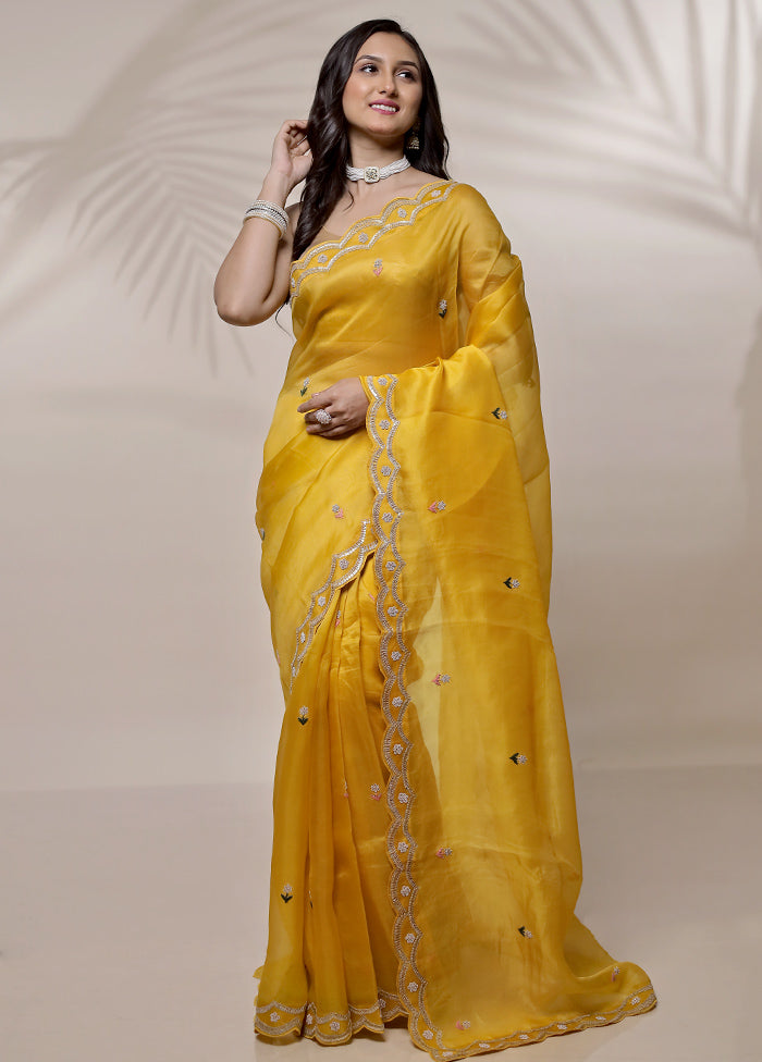 Yellow Organza saree with stitched blouse- party wear selling Organza