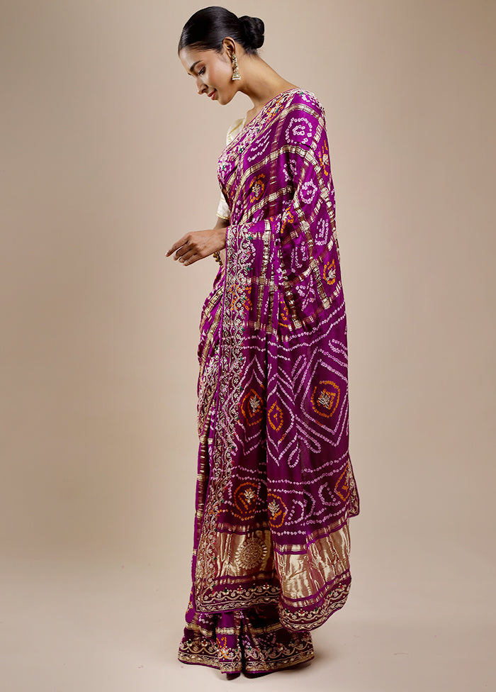 Purple Bandhej Pure Silk Saree Without Blouse Piece