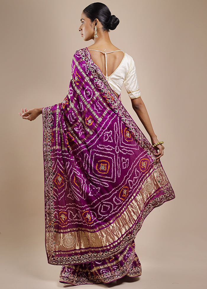 Purple Bandhej Pure Silk Saree Without Blouse Piece
