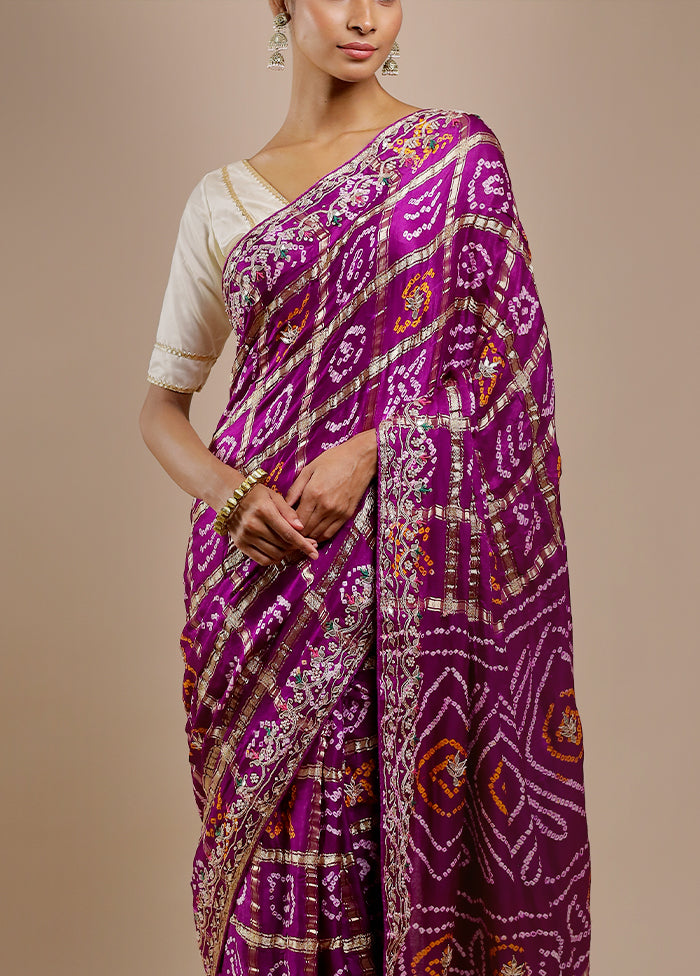 Purple Bandhej Pure Silk Saree Without Blouse Piece