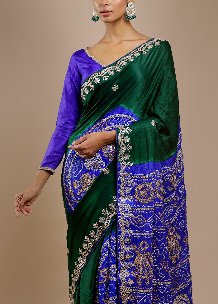 Blue Bandhej Pure Silk Saree Without Blouse Piece