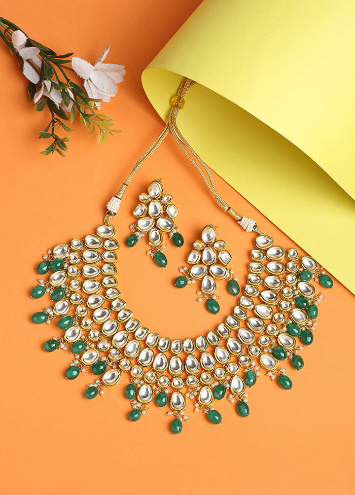 Gold Plated Kundan Jewellery Set With Green Beads - Indian Silk House Agencies
