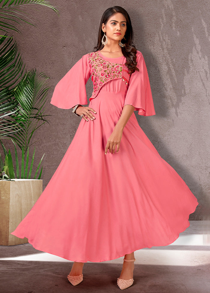 Salmon Pink Readymade Rayon Gown - Indian Silk House Agencies