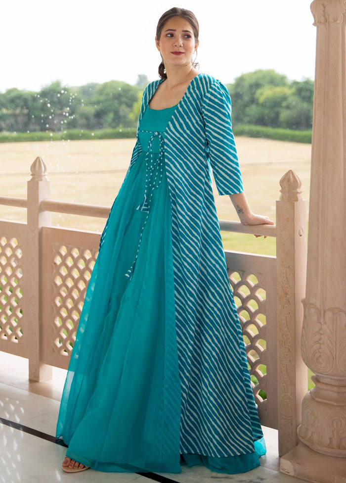 Teal Readymade Silk Gown With Jacket - Indian Silk House Agencies